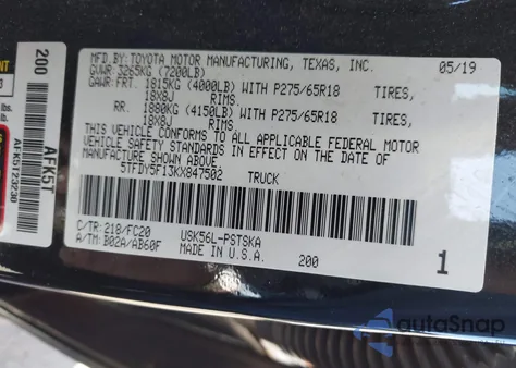 2019 Toyota Tundra Sr5 5.7L V8 z USA, uszkodzony, nr VIN 5TFDY5F13KX847502